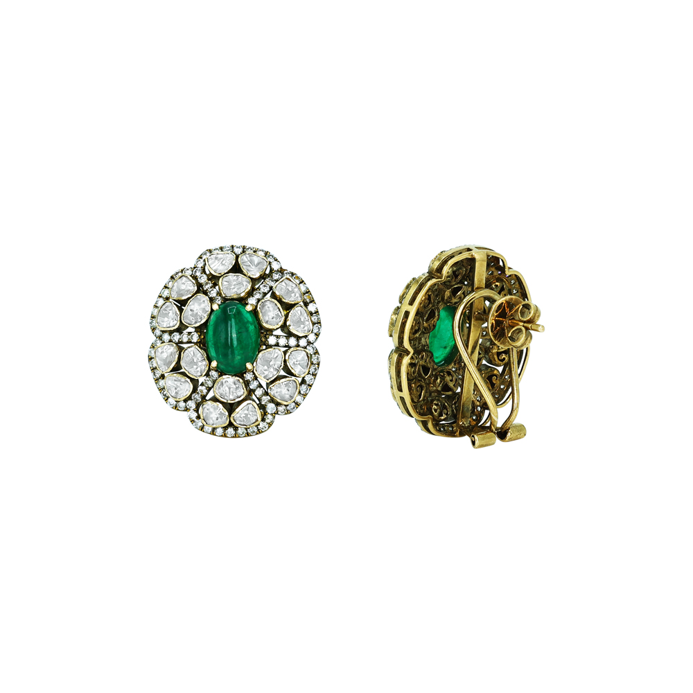 Emerald-Centered Polki Stud Antique Earrings with Floral Diamond Halo